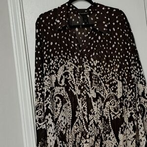 LANEBRYANT LONGSLEEVE.BUTTON DOWNBLOUSE Brown & Cream Patterned Blouse